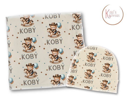 Cowboy Teddy Bear Baby Blanket Set