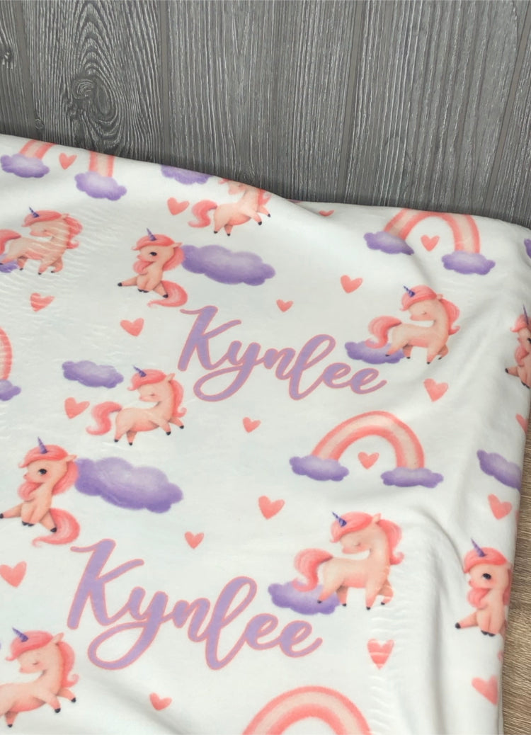 personalized unicorn minky fluff blanket